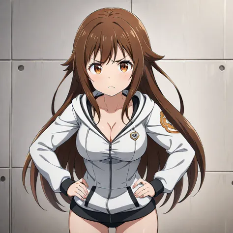 1girl ayane from overflow anime, breasts, solo, long hair, cleavage, brown hair, large breasts, hands on hips, hood, brown eyes, hoodie, looking at viewer, frown, ((medium quality)), ((medium quality))