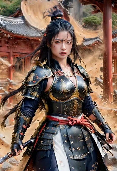 a picture of japanese female samurai, she has long black hair, wearing niji armor, armed with a katana, ready for battle, dynami...