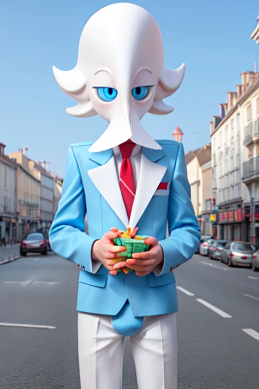 pale skin, blue eyes, man in seagull mascot suit, Beak for mouth and nose; holds French fries in wimgs