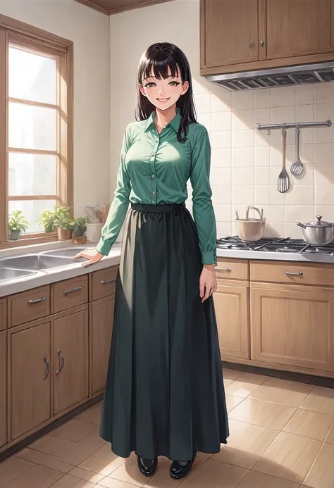 Anime, 2d anime, cartoon anime, detailed illustration, dynamic angle, ultra-detailed, illustration, full body shot, 1girl,  1950’s stay at home wife, button up blouse and long skirt, anime half closed eyes. A knowing smile, standing in kitchen, domestic go...