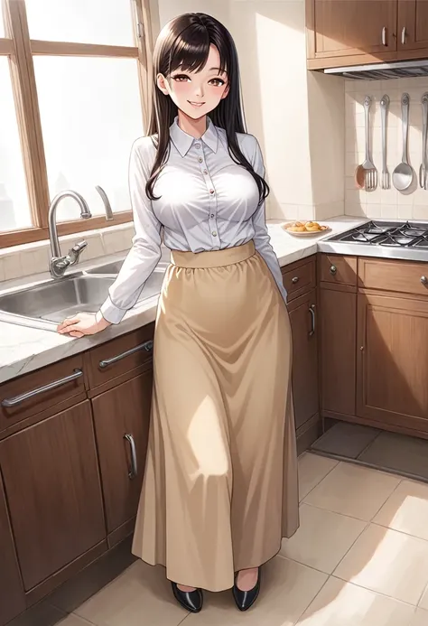 Anime, 2d anime, cartoon anime, detailed illustration, dynamic angle, ultra-detailed, illustration, full body shot, 1girl,  1950’s stay at home wife, button up blouse and long skirt, anime half closed eyes. A knowing smile, standing in kitchen, domestic go...