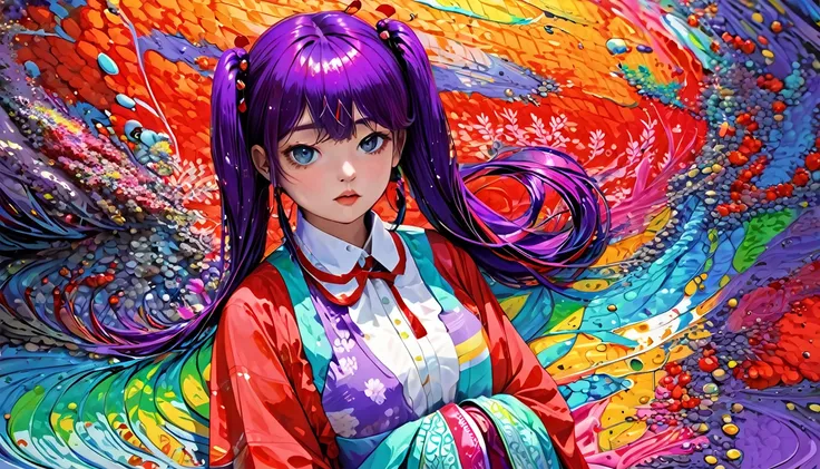 (Absurd, High resolution, Super detailed), (One girl:1.3), Twin tails, Purple Hair, break , Glitch Art, Digital Distortion, Pixelated Fragments, Data Corruption, Colorful Noise, Visual clutter, contemporary aesthetics break , Enamel Art, Glass-like surface...