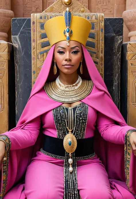 A detailed and realistic image of Queen Hatshepsut wearing a royal pink cloak decorated with pharaonic ornaments, her hair is jet black, and she wears a beautiful yellow crown studded with pearls and jewels. She sits on the throne and opens a laptop in fro...