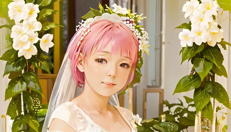 Haruno sakura, ((alone)), alone, bride, Wearing a white wedding dress, Queen, Happy, ((Show your forehead)), Are standing, Entering the Church, Pink Hair, short hair, delicate, young, short hair, Detailed face, High resolution, ((whole body)), (Flowers aro...