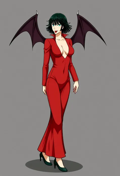 Bat woman, one punch man, vampire woman, sorriso malicioso, sangue escorrendo na boca, villain woman, asas de morcego, beaury, corpo farto, linda, asiatica, Full body, original character