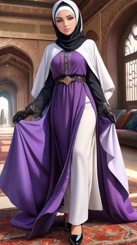 1girl,tomboy,mature,smart,sexy,(best quality,4k,8k,highres,masterpiece:1.2),ultra-detailed,(realistic,photorealistic,photo-realistic:1.37),digital art,anime style,hijab,muslim fashion,long purple dress,white colors,purple eyes,Arabic fashion,female black s...