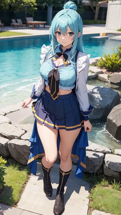 Konosuba Aqua short skirt exposed chest beautiful body with nice looking skin full body standing 