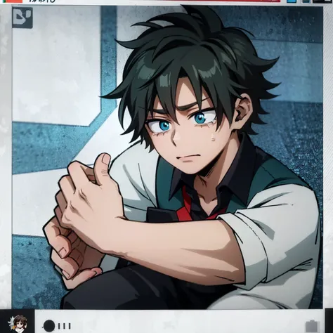 1 boy, male focus, Boku no Hero Academia, masterpiece, Best quality, very aesthetic, absurdity, medium dirty hair, turquoise hair, Blue eyes, crying, Shy, gray jacket, Red tie, White shirt, turquoise trousers, boots 