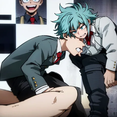 1 boy, male focus, Boku no Hero Academia, masterpiece, Best quality, very aesthetic, absurdity, medium dirty hair, turquoise hair, Blue eyes, crying, Shy, gray jacket, Red tie, White shirt, turquoise trousers, boots 