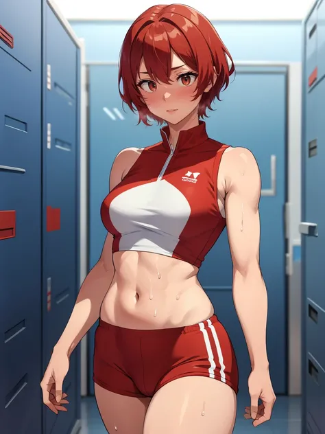 locker room、No background、Standing posture、Track and field athlete、Athletics Stadium、athlete、(1 female)、(Red hair、Short Hair）、(Sleeveless track uniform、Racing Bloomer)、Ultra-detailed illustrations、Ultra-precision performance、masterpiece、Highest quality、超Hi...