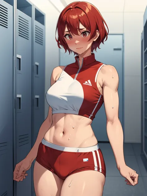 locker room、No background、Standing posture、Track and field athlete、Athletics Stadium、athlete、(1 female)、(Red hair、Short Hair）、(Sleeveless track uniform、Racing Bloomer)、Ultra-detailed illustrations、Ultra-precision performance、masterpiece、Highest quality、超Hi...