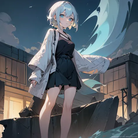 1female, adult, finely detailed azure eyes, wavy short hair, pale charcoal hair, bikni top, cardigan, casual clothing, standing on ruined building, night time, serious expression