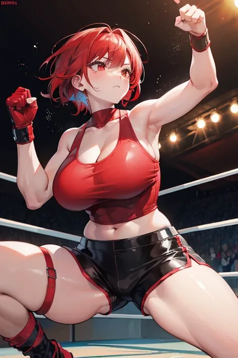 One woman,Big Breasts,Red hair,short hair,Brown skin,wrestling,On the Ring,A belligerent look,Fighting Pose,Tight short tank top,Leather shorts