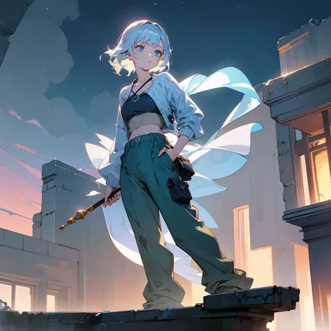 1female, adult, finely detailed azure eyes, wavy short hair, pale chrome hair, bikni top, cardigan, baggy pants, standing on ruined building, night time, serious expression