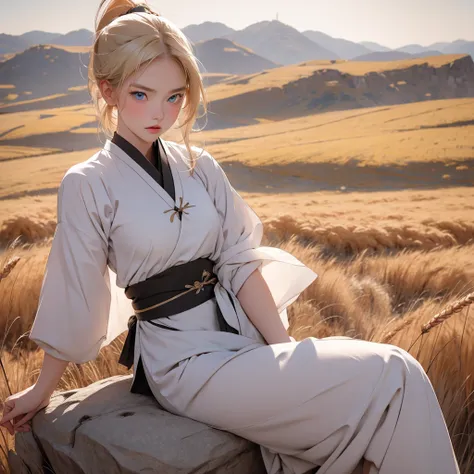 1girl, blonde ponytail, blue eyes, sexy traditional archery clothes, sitting on the rock, wide wheat field, angry face, 8K, Hi-Res