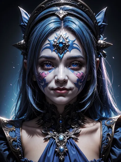 Realistic image of a fantasy game female jester wearing a sad mask, half of the face is femlae jester wearing a sad mask, on other half its female jester wearing a happy mask, symmetrical face, amazing quality, digital art, TwoFace Blade, HD, masterpiece, ...