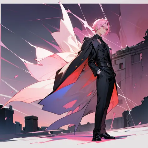 1male, adult, finely detailed arsenic eyes, wild short hair, rose quartz hair color, casual clothing, long coat, standing on ruined building, night time, somber expression, muscular, excited expression