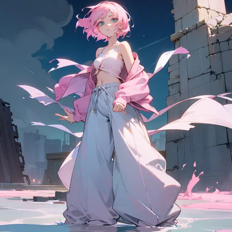 1female, adult, finely detailed azure eyes, wavy short hair, pale pink hair, bikni top, cardigan, baggy pants, standing on ruined building, night time, serious expression