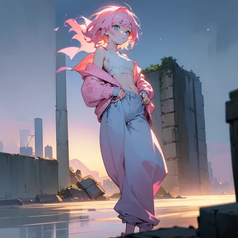 1female, adult, finely detailed azure eyes, wavy short hair, pale pink hair, bikni top, cardigan, baggy pants, standing on ruined building, night time, serious expression