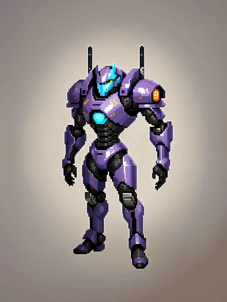 purple armored robot, (Obra de arte, maximum quality, melhor qualidade), Pixel, Pixel art, 1 male android robot based on the terminator robot, sidescroller game character