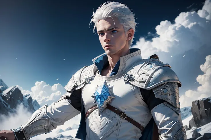 a young, handsome, white-haired warrior, explorer, detailed splash art, white clothes, blue eyes, high quality, 8k, masterpiece, hyperrealistic, photorealistic, realistic, intricate details, dramatic lighting, cinematic composition, vibrant colors, fantasy...