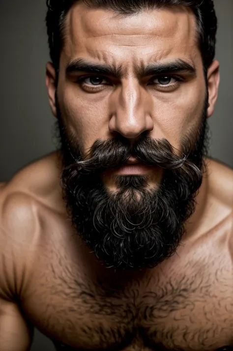 Un hombre con una larga barba y bigote blancos, musculoso y sin camisa, con ojos cansados y ojeras.