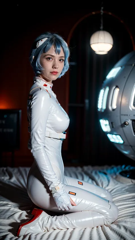 (masterpiece), (best quality), (red eyes), (epiCRealLife), (red lipstick), (cleavage), (j4nu4ryj0n3s cleavage) (young woman), (European Model), (Plugsuit), (ayanami_rei plugsuit), interface headset, white bodysuit),(white gloves) (red eyes), (blue hair), (...