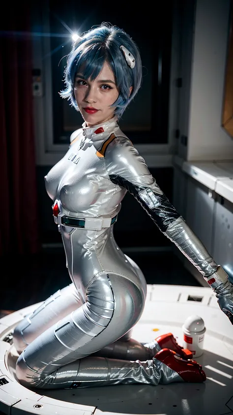 (masterpiece), (best quality), (red eyes), (epiCRealLife), (red lipstick), (cleavage), (j4nu4ryj0n3s cleavage) (young woman), (European Model), (Plugsuit), (ayanami_rei plugsuit), interface headset, white bodysuit),(white gloves) (red eyes), (blue hair), (...