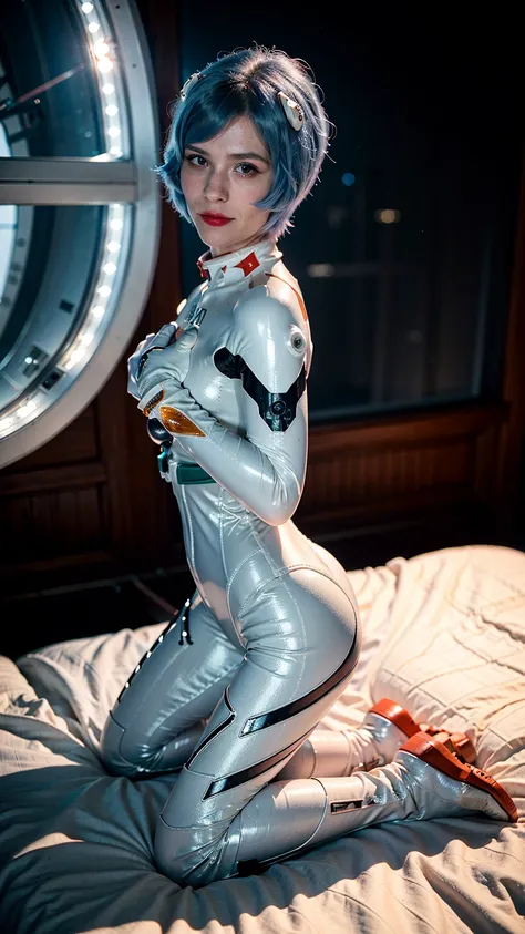 (masterpiece), (best quality), (red eyes), (epiCRealLife), (red lipstick), (cleavage), (j4nu4ryj0n3s cleavage) (young woman), (European Model), (Plugsuit), (ayanami_rei plugsuit), interface headset, white bodysuit),(white gloves) (red eyes), (blue hair), (...