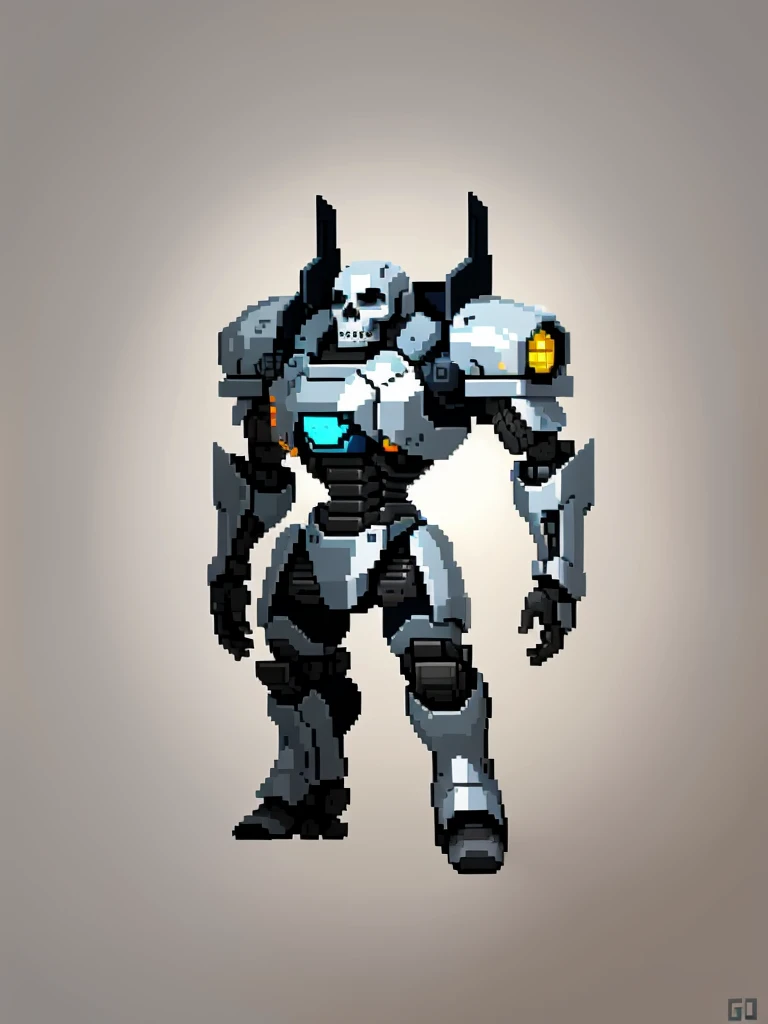 gray, monocolor, black skull head armored robot, (Obra de arte, maximum quality, melhor qualidade), Pixel, Pixel art, 1 male android robot based on the terminator robot, sidescroller game character