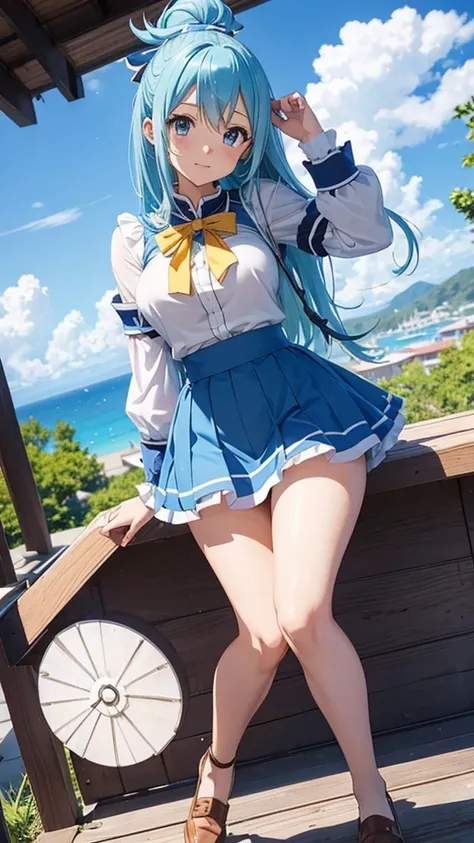 Konosuba Aqua short skirt exposed  beautiful thighs beautiful body with nice looking skin full body standing 