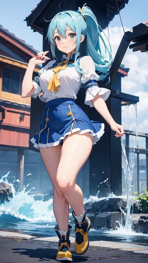 Konosuba Aqua short skirt exposed  beautiful thighs beautiful body with nice looking skin full body standing 