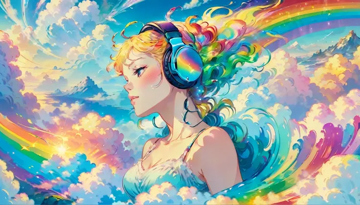 A stunningly ethereal woman, wearing headphones, composed of a dazzling array of rainbow hues, reclines gracefully at the end of a radiant rainbow amidst the fluffy clouds in the sky. Bathed in dynamic and enchanting lighting, accentuates her vibrant, full...