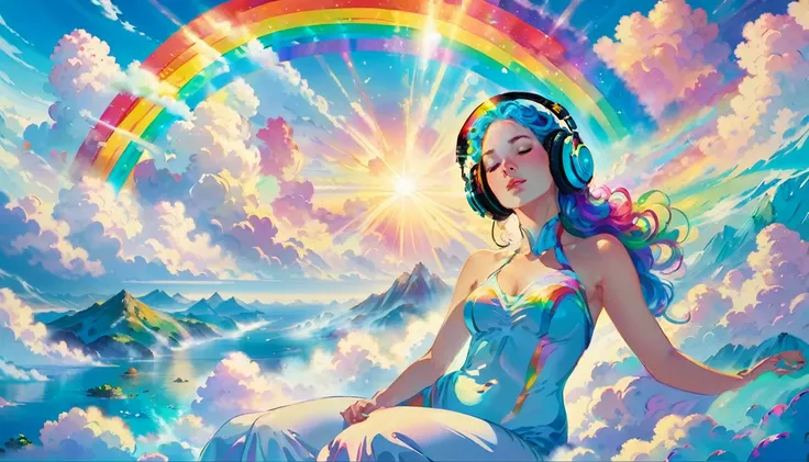 A stunningly ethereal woman, wearing headphones, composed of a dazzling array of rainbow hues, reclines gracefully at the end of a radiant rainbow amidst the fluffy clouds in the sky. Bathed in dynamic and enchanting lighting, accentuates her vibrant, full...