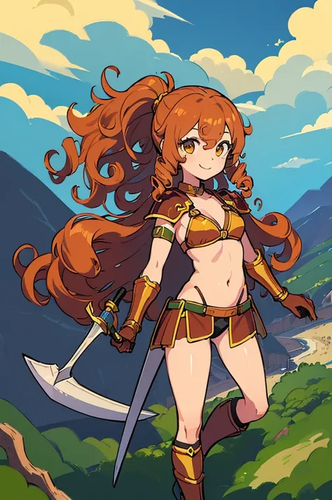 (One Girl:1.4)、Perfect functionality, (masterpiece), (Highest quality:1.4), High resolution、low length、11 years old、A cheerful smile、Wavy long hair, (Curly Hair:1.4), 豊かなCurly Hair, ponytail、(Bikini Armor:1.4)、Plein Air、(whole body:1.4)、Standing posture、sw...