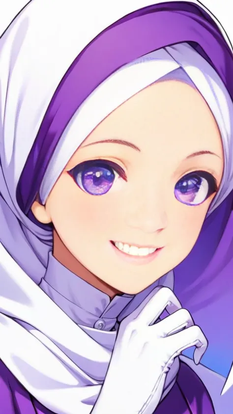 Tomboy, Mature, Smart, purple pupil eyes, wearing white hijab, Wearing long purple dress, Womens white fabric gloves, Smiling, vivid colours, anime style, white background, full upper body.