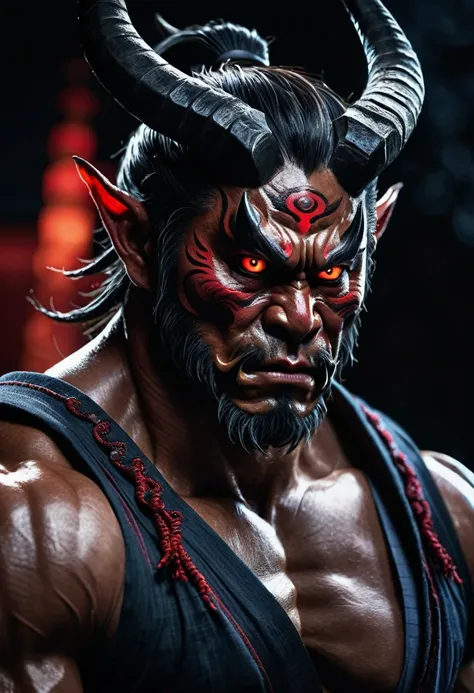 Realistic oni, intense expression, detailed skin texture, menacing aura, traditional Japanese attire, glowing red eyes, muscular build, intricate horns, dark background, cinematic lighting, high detail, photorealistic, ultra HD