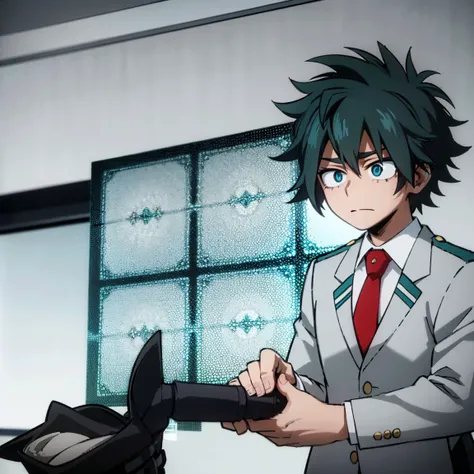 1boy, male focus, boku no hero academia, masterpiece, best quality, very aesthetic, absurdres, medium messy hair, turquoise hair, blue eyes, cry, shy, gray jacket, red tie, white shirt, teal pants, boots 