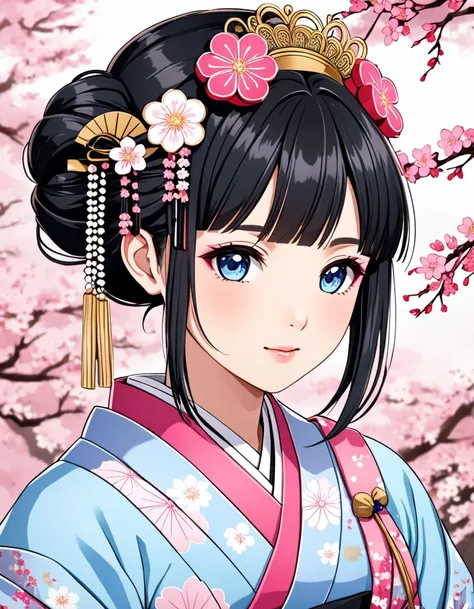 Crie uma imagem de uma princesa japonesa bonita de 21 anos. She must have straight black hair tied in a traditional Japanese bun, adorned with various traditional Japanese accessories. Her eyes are blue and she is wearing a traditional feminine pink dress....