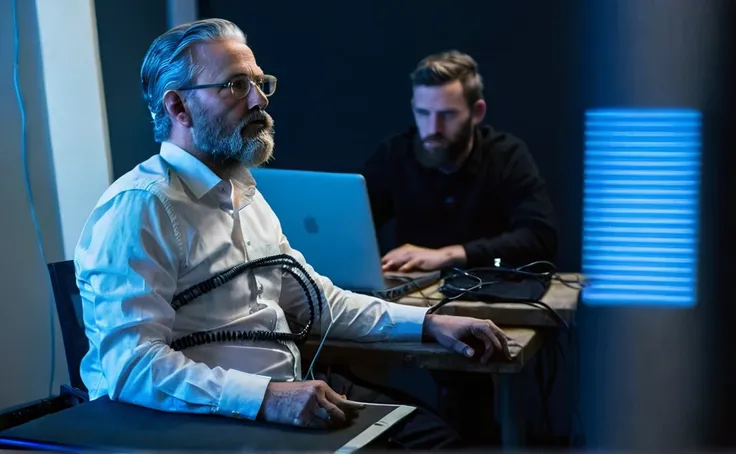 An old man with gray hair, a beard, and glasses, wearing a white shirt, sits on the left side of the picture. He was hooked up to a polygraph machine with a variety of sensors: two black pneumograph tubes coiled horizontally across his chest and upper abdo...