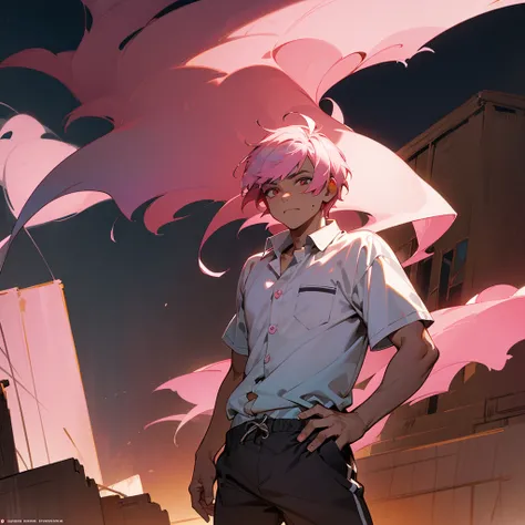 1male, adult, finely detailed navajo eyes, wild short hair, rose quartz hair color, open button down hawaii shirt, gym shorts, standing on ruined building, night time, somber expression, muscular, excited expression