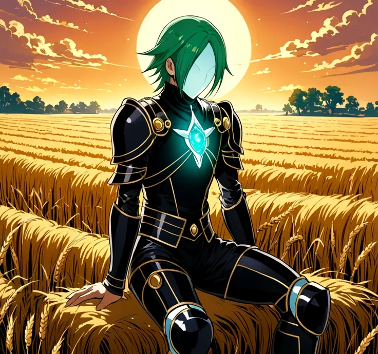 Sakuya, Magic Punk Style, Incredibly nonsense., concept art, best quality, perfect light, illustration, vanishing point, sit, look at viewer, adult male character, 1 boy, (No mouth.:1.3), focus man, Be a man, green hair, Smooth dyed, sparkling eyes, Tiring...