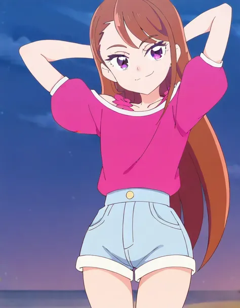 hijiri ageha, brown hair, long hair, purple eyes,
pink shirt, off-shoulder shirt, puffy short sleeves, denim shorts, high qualit...