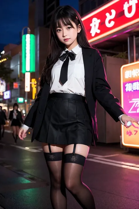 High angle shot、Center View、A woman standing in a neon street at midnight、Amazingly cute 、Japanese girls uniform、Summer clotheicro Mini Skirt、unrealistic 、loafers、She wears black tights that show a little bit of skin.、black tights、Japanese High School 、Nog...