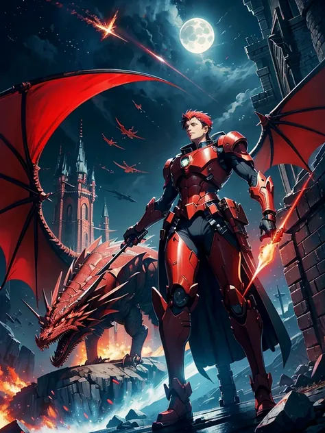 mechanized  red dragon, holding beam sword, magic circle, mechanical red wings, science fiction, looking up, high resolution, masterpiece, best quality, ultra detailed, super fine illustration, red laser cannon on shoulder, no humans, shooting, straight-on...