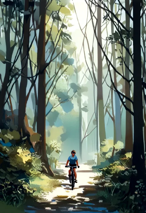 (bicycle: 1.5), (realistic bicycle: 1.5), (นักปั่นbicycleที่สมจริง: 1.5), นักปั่นbicycleกลับมาเบื้องหน้า, Lofi landscape, nature, sun, forest, Clearing, undergrowth, horizontal background, shadow, contrast, Makoto Shinkai (best quality:1.3), (height:1) Art...