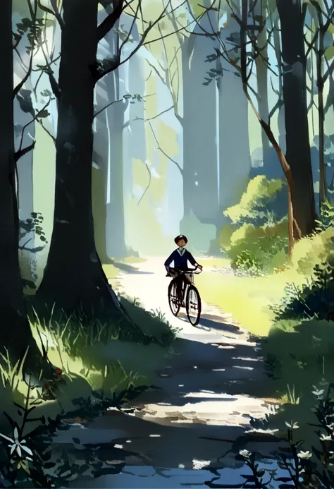 (bicycle: 1.5), (realistic bicycle: 1.5), (นักปั่นbicycleที่สมจริง: 1.5), นักปั่นbicycleกลับมาเบื้องหน้า, Lofi landscape, nature, sun, forest, Clearing, undergrowth, horizontal background, shadow, contrast, Makoto Shinkai (best quality:1.3), (height:1) Art...