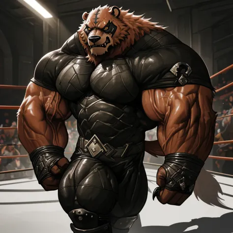 a huge muscular old grizzly bear, bane from batman, extremely detailed, hyper realistic, 8k, photorealistic, ultra detailed, extremely sharp focus, intricate details, cinematic lighting, dramatic shadows, powerful presence, wrestler mask, fierce expression...