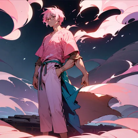 1male, adult, finely detailed navajo eyes, wild short hair, rose quartz hair color, hawaii shirt, casual pants, standing on ruined building, night time, somber expression, muscular, scars, glasses