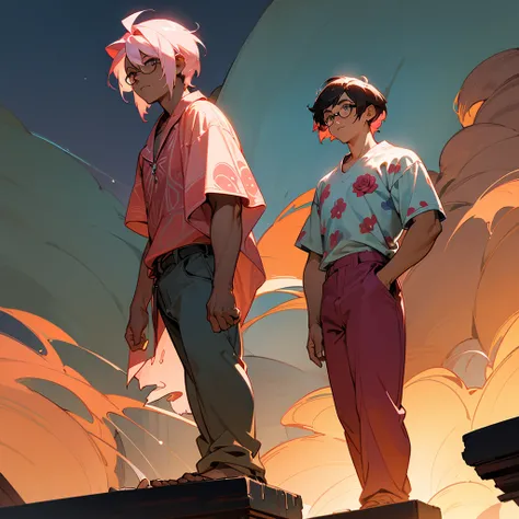 1male, adult, finely detailed navajo eyes, wild short hair, rose quartz hair color, hawaii shirt, casual pants, standing on ruined building, night time, somber expression, muscular, scars, glasses